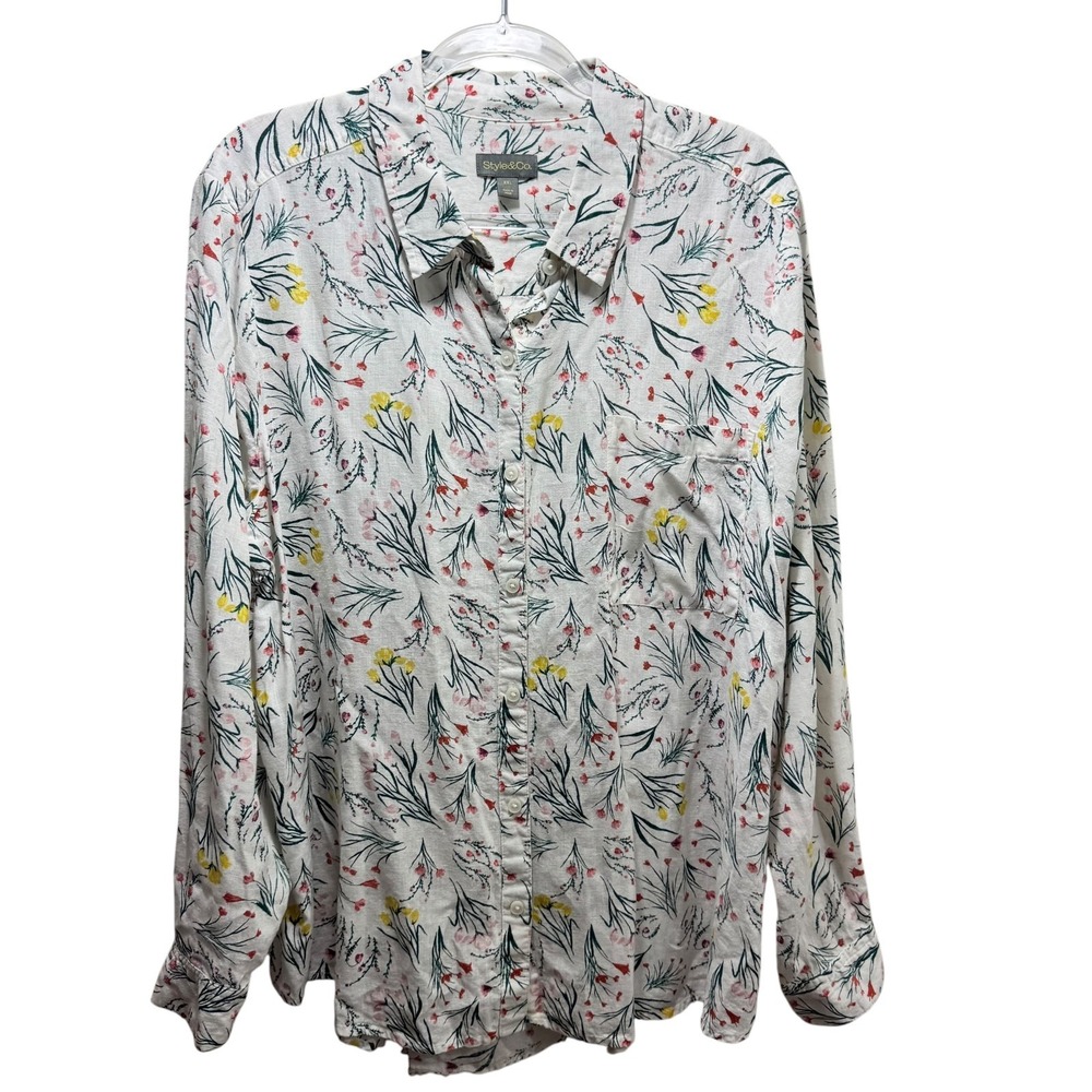 Linen Modal Coastal Grandma Resort Floral Button Up Shirt XXL Plus Long Sleeve